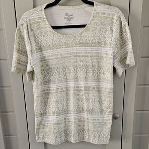 Penmans Short Sleeve Scoop Neck Top in Light Olive and White SzM Ptp 21+